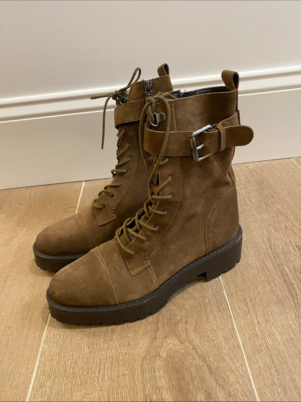 Sam Edelman Suede Lace-Up Buckle Combat Boots in Brown